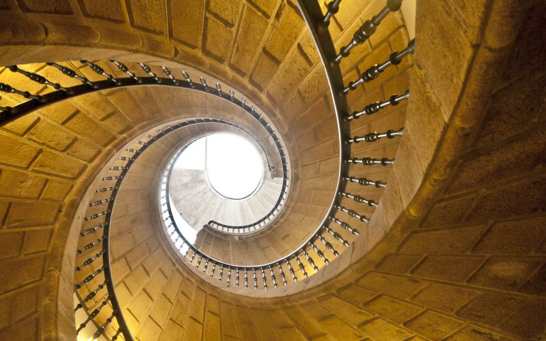 View up a dramatic double staircase